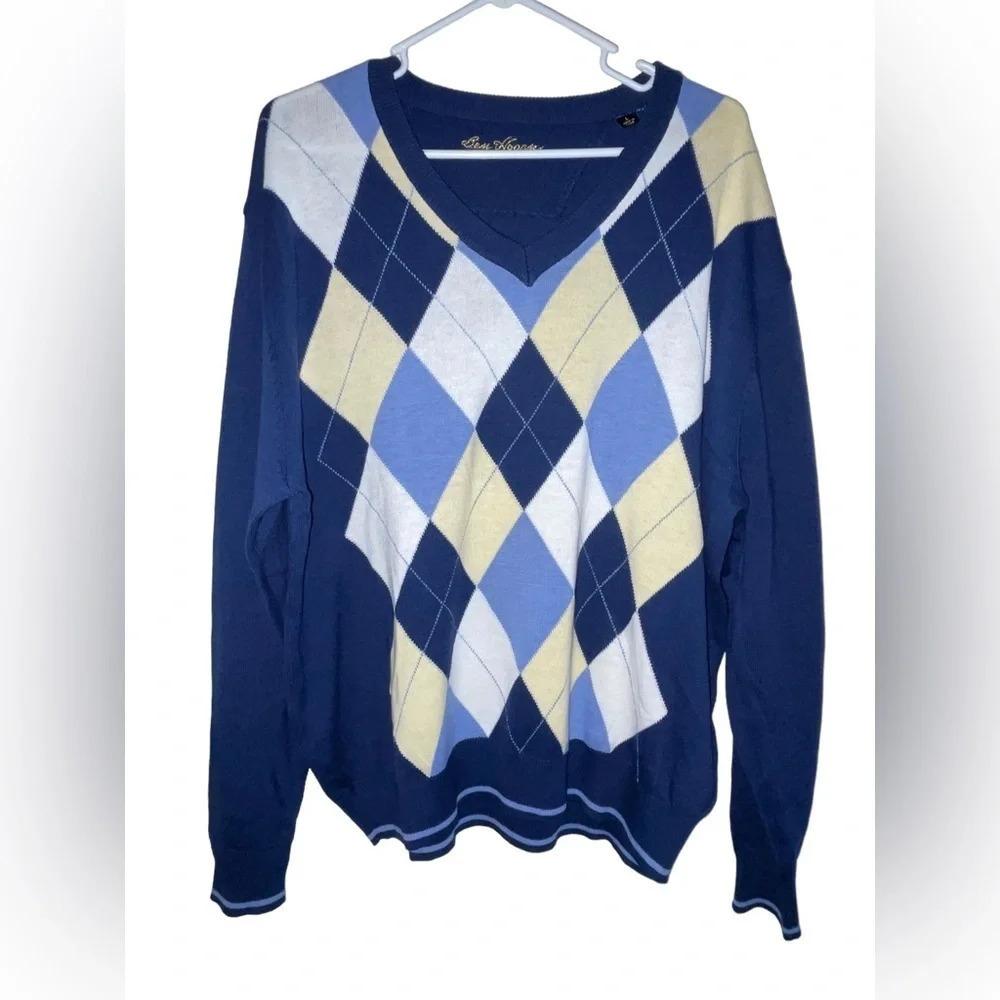 Ben Hogan Argyle Sweater Long Sleeve Men’s Size Large Navy Blue Golf Preppy